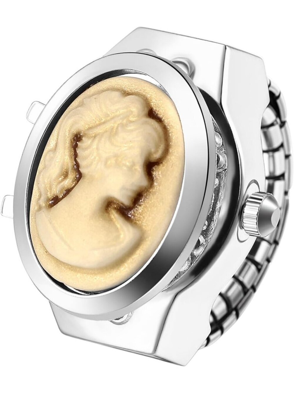Unisex Yellow Analog Quartz Flip Cover Stainless Stretchy Finger Ring Watch
